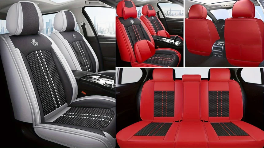 Black 5 seat full coverage car seat covers in waterproof faux leather with snug universal fit inside modern SUV interior.