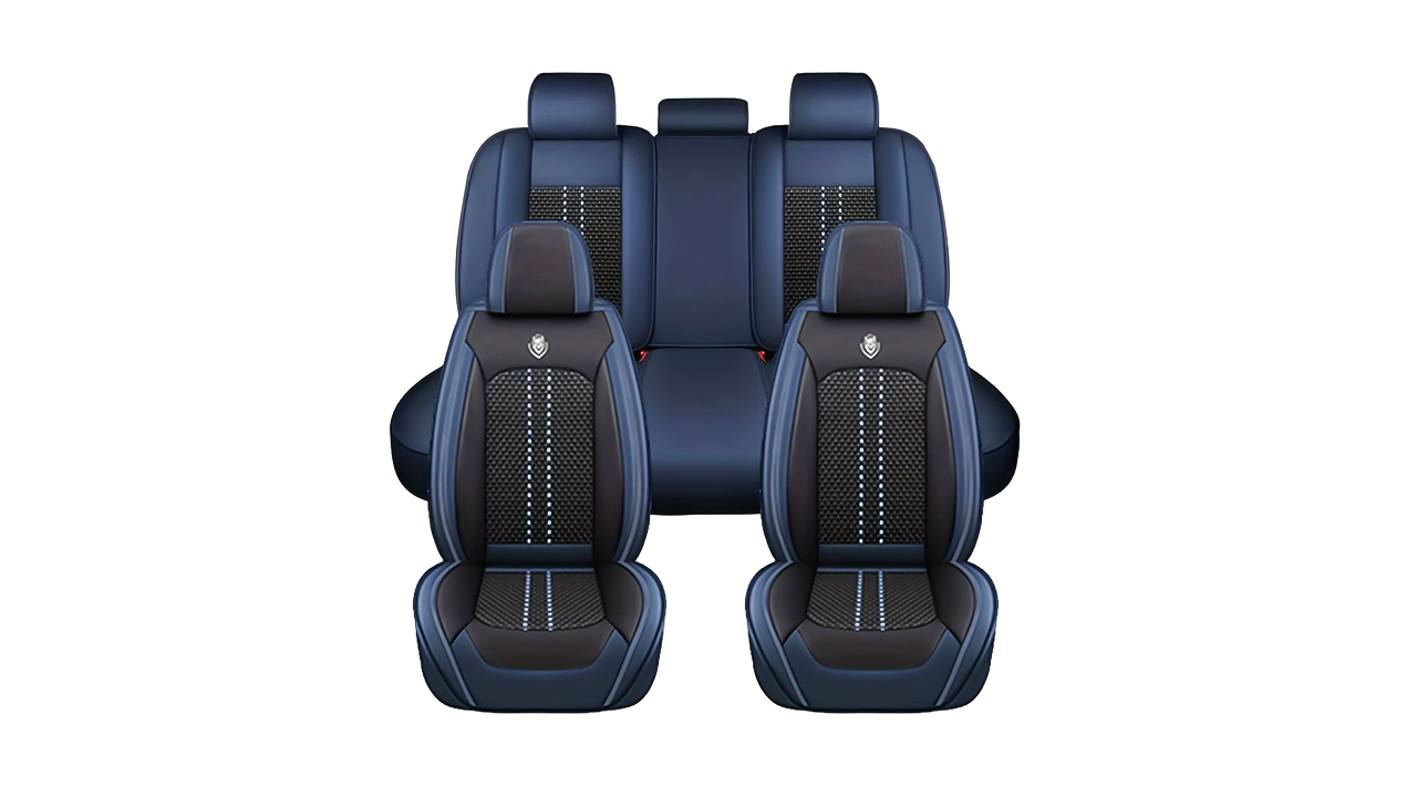 Black 5 seat full coverage car seat covers in waterproof faux leather with snug universal fit inside modern SUV interior.