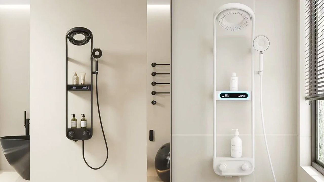 Thermostatic shower head with integrated shelf and digital temperature display in sleek modern bathroom fixture.