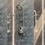 Thermostatic shower head with integrated shelf and digital temperature display in sleek modern bathroom fixture.