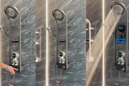 Thermostatic shower head with integrated shelf and digital temperature display in sleek modern bathroom fixture.