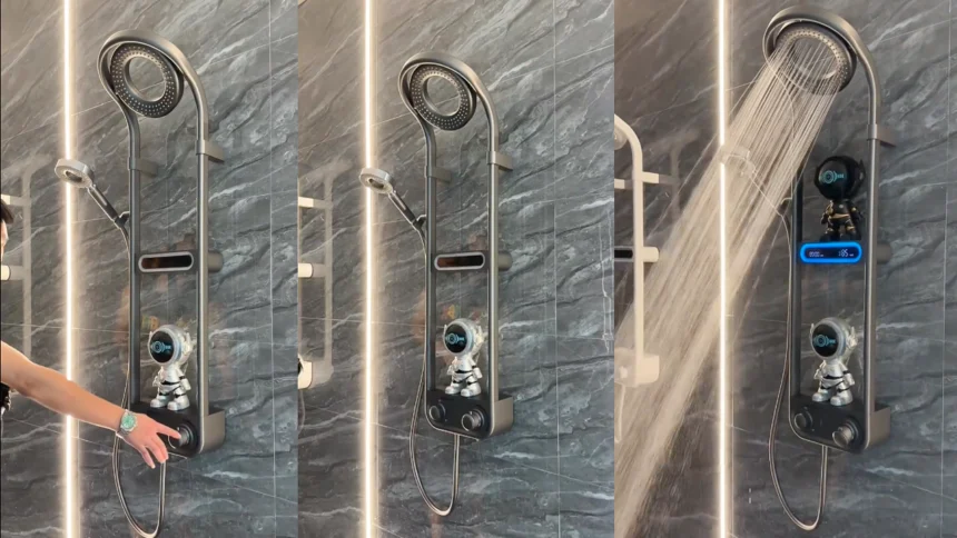 Thermostatic shower head with integrated shelf and digital temperature display in sleek modern bathroom fixture.