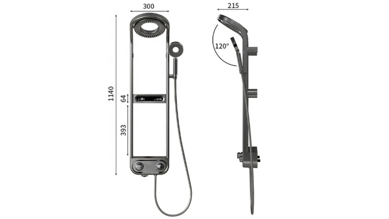 Thermostatic shower head with integrated shelf and digital temperature display in sleek modern bathroom fixture.