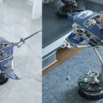 Intricate steampunk Mobula manta ray mechanical model kit assembled with bronze gears and metal panels, showcasing biomimetic design.