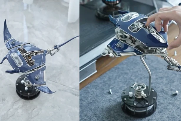 Intricate steampunk Mobula manta ray mechanical model kit assembled with bronze gears and metal panels, showcasing biomimetic design.