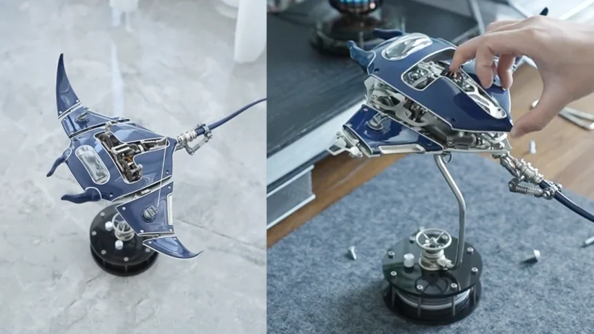 Intricate steampunk Mobula manta ray mechanical model kit assembled with bronze gears and metal panels, showcasing biomimetic design.