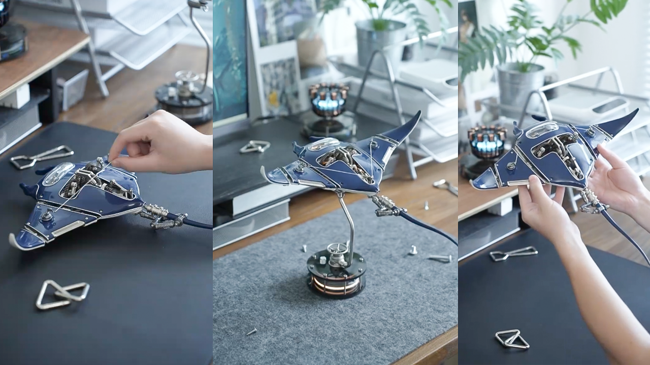 Intricate steampunk Mobula manta ray mechanical model kit assembled with bronze gears and metal panels, showcasing biomimetic design.