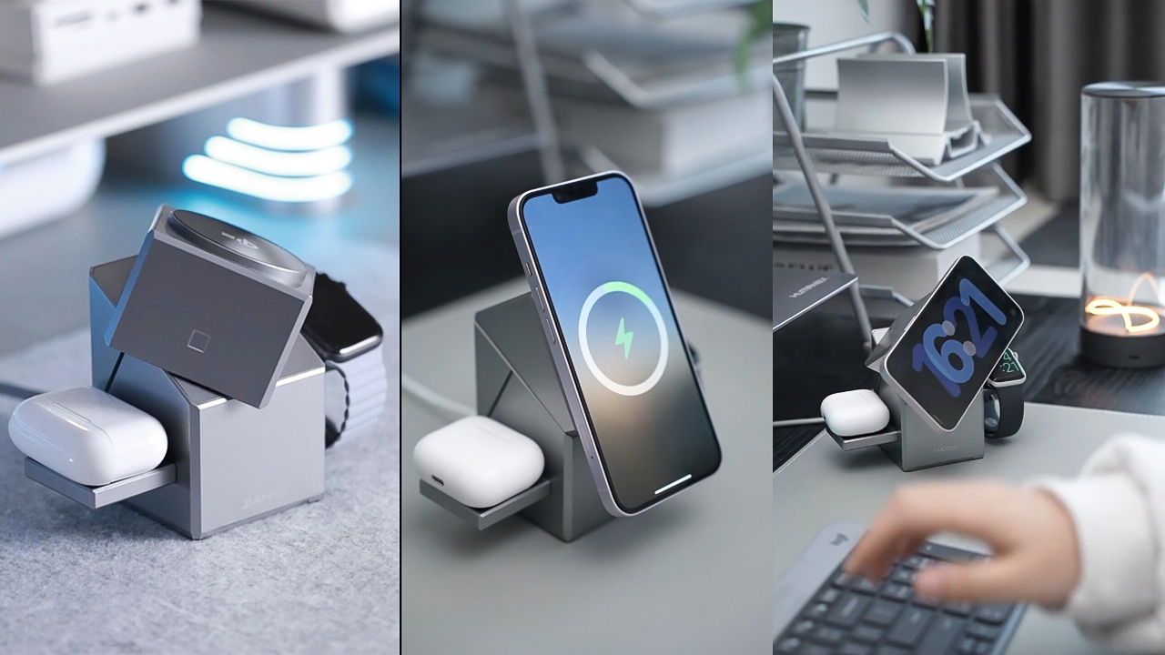 Qi2 3-in-1 wireless charger with magnetic alignment, auto-rotating dock, and 15W fast charging for iPhone, AirPods, and Apple Watch.