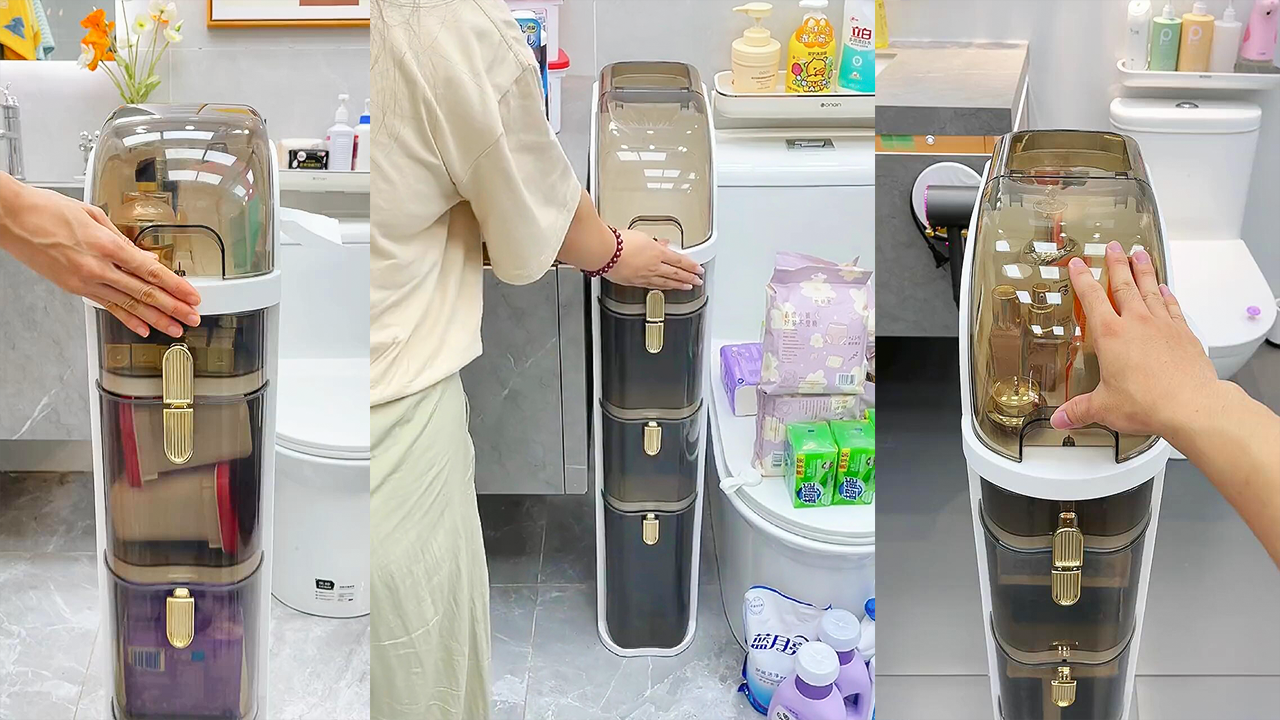 White slim storage cabinet for bathroom with smooth-glide drawers, wheels, and built-in tissue box slot beside a sink in tight space.